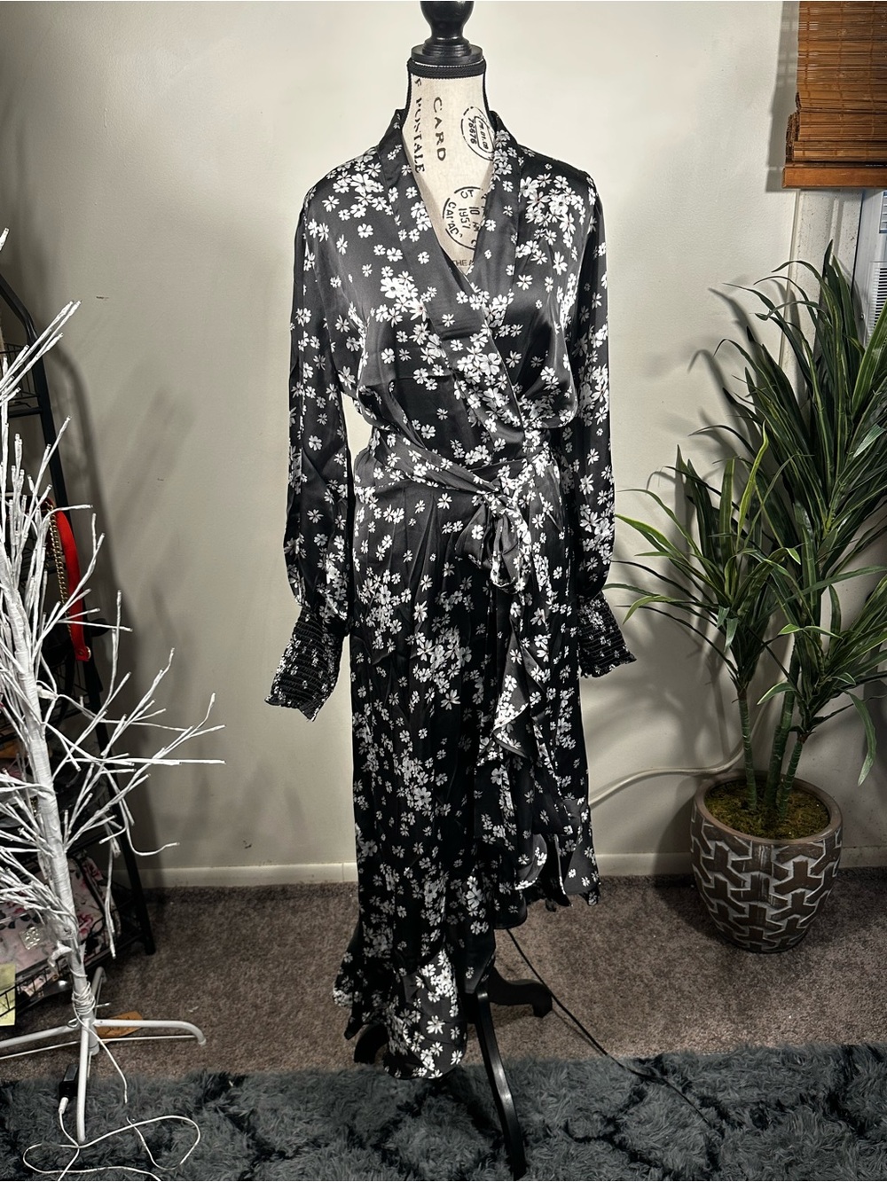OneTheLand Satin Floral Faux Wrap Midi Dress